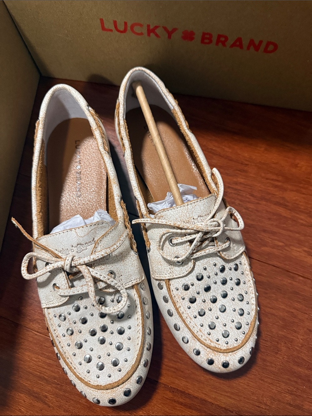 Lucky Brand Metallic Cream Studded Lace-Up Boat Loafers
